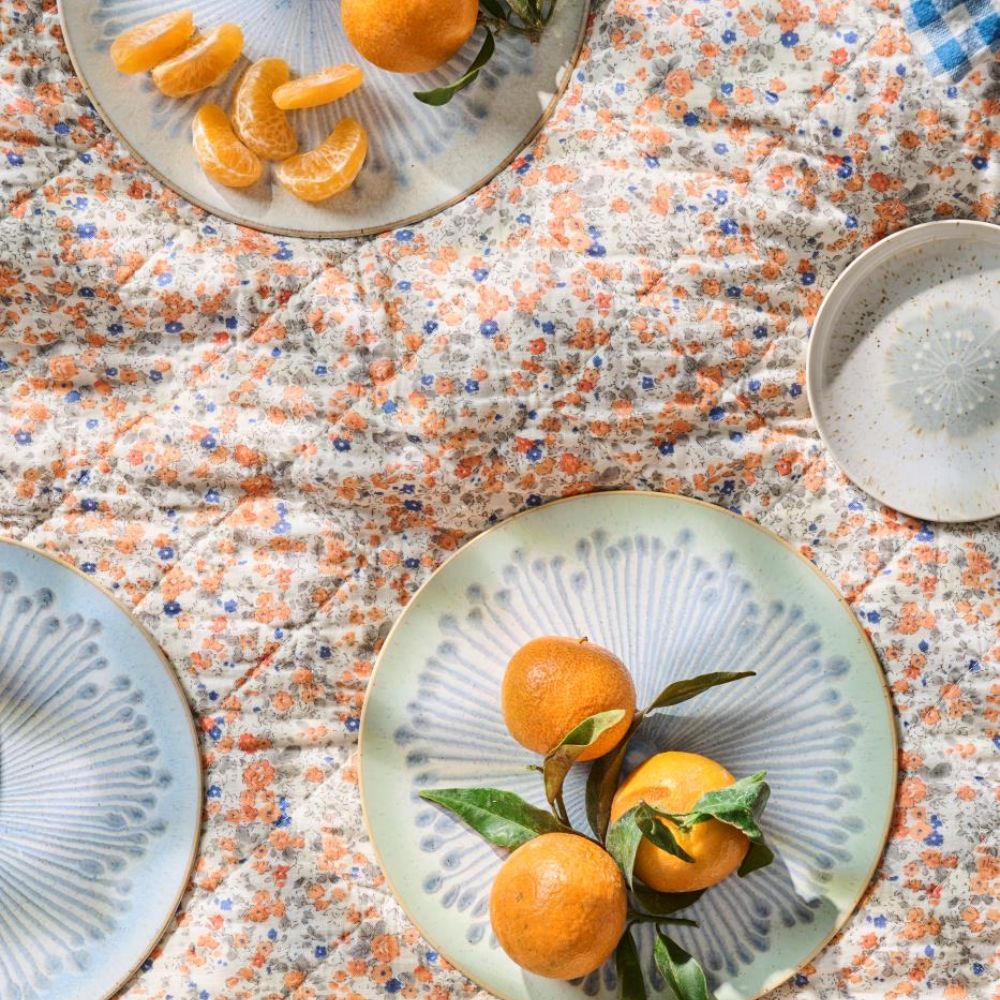 Quilt Tæppe m/Orange og Blå Blomster