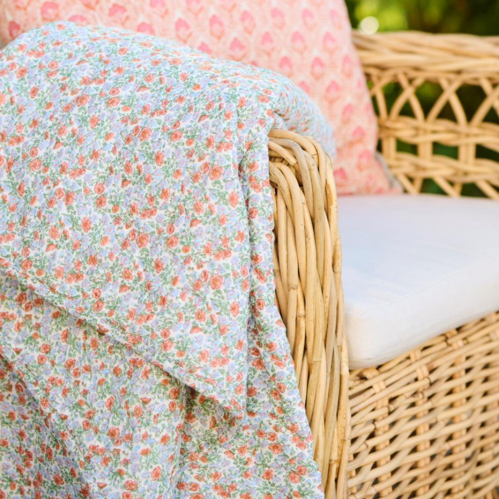 Quilt Tæppe m/Lyseblå og Rust Blomster