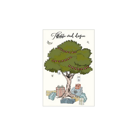 Tillykke med dagen (træ og gaver) Kort