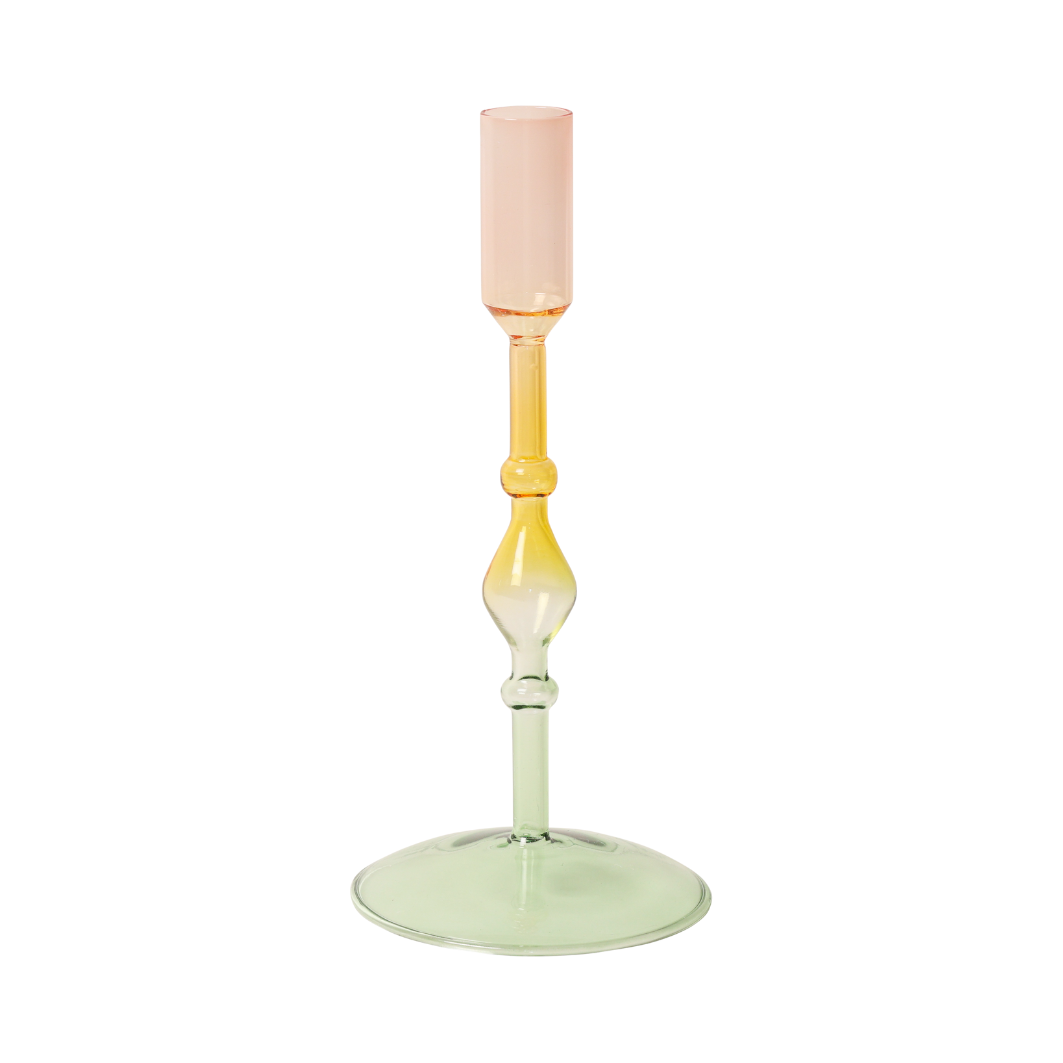 Glas lysestage, grøn/gul/pink