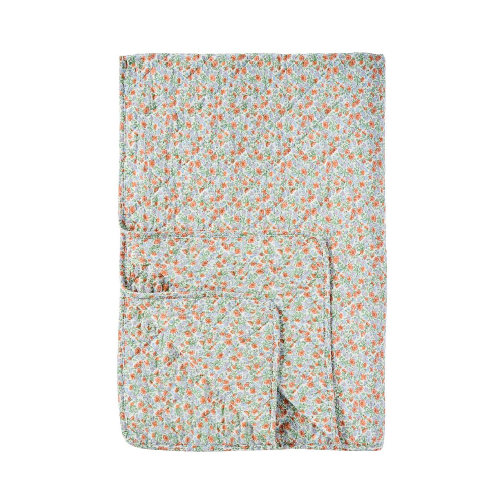 Quilt Tæppe m/Lyseblå og Rust Blomster
