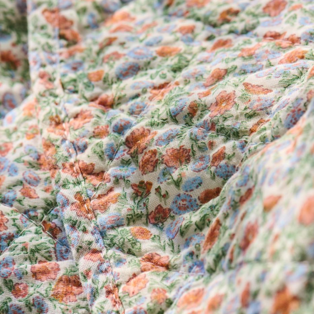 Quilt Tæppe m/Lyseblå og Rust Blomster