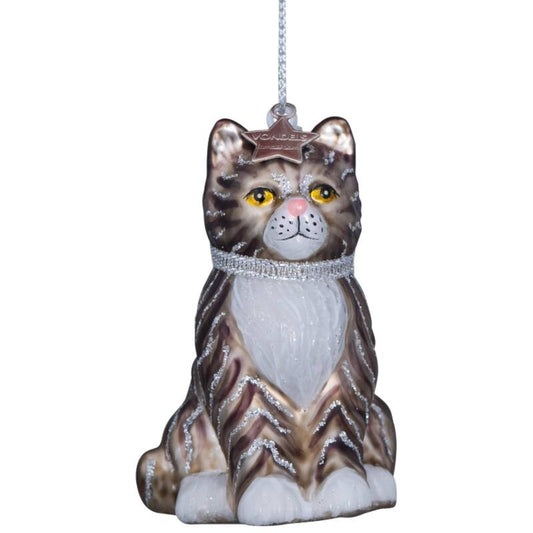 Ornament Glass White/Grey Cat