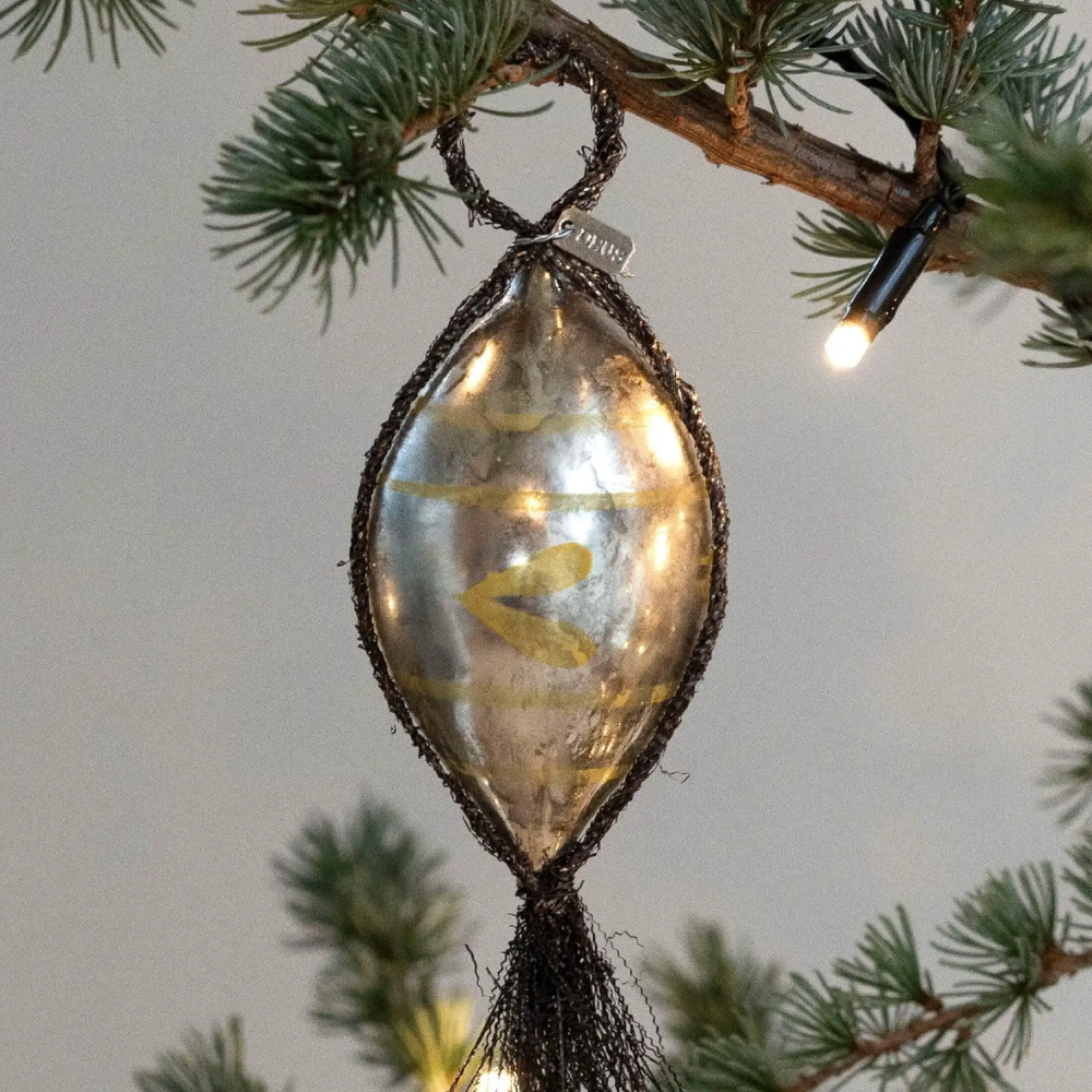 Glass Bauble with Tinsel and Handpainted Decorations