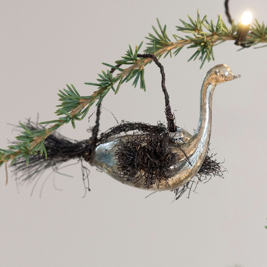 Silvered Glass Bird with Tinsel Decorations