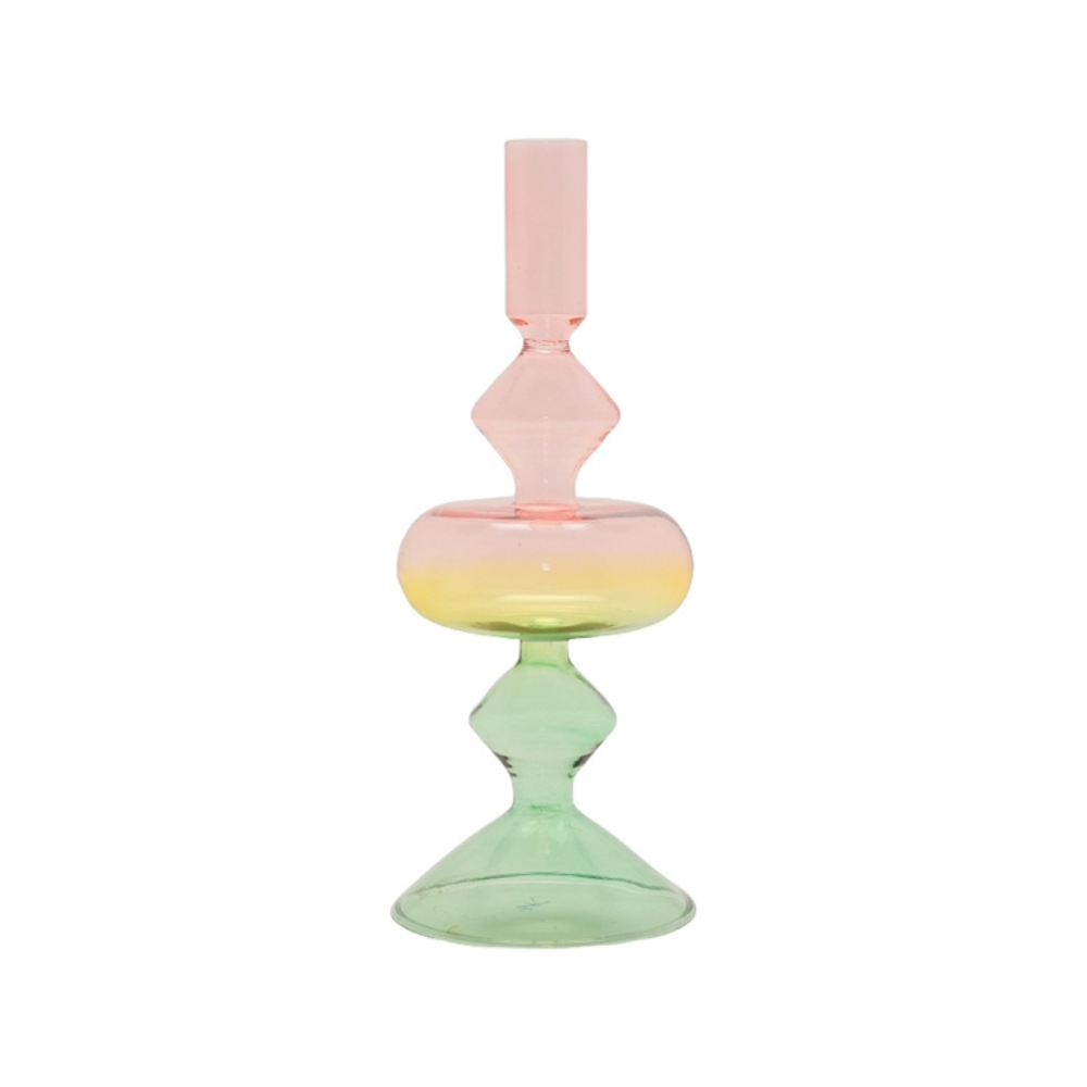 Glas lysestage, grøn/gul/pink