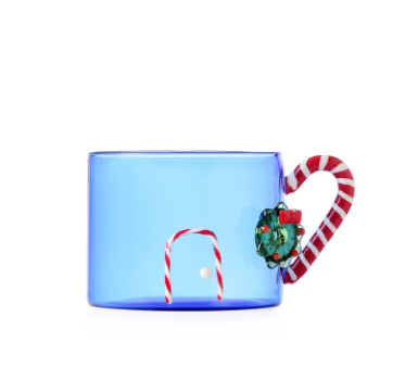 Blue mug candy cane handle w/wreth