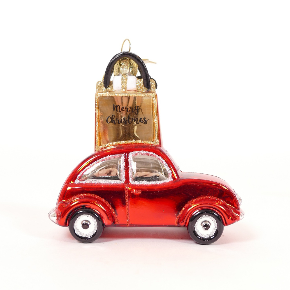 Ornament Glass Red Car w/Gold Shoppingbag