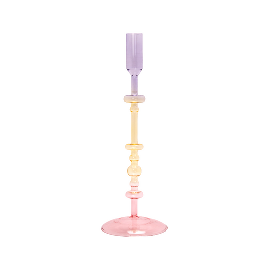 Glas lysestage, pink/gul/lilla