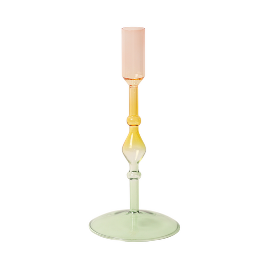 Glas lysestage, grøn/gul/pink
