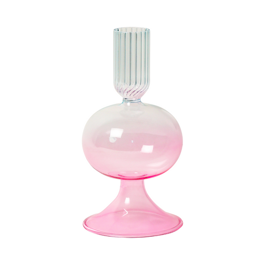 Glas lysestage, pink/lys blå
